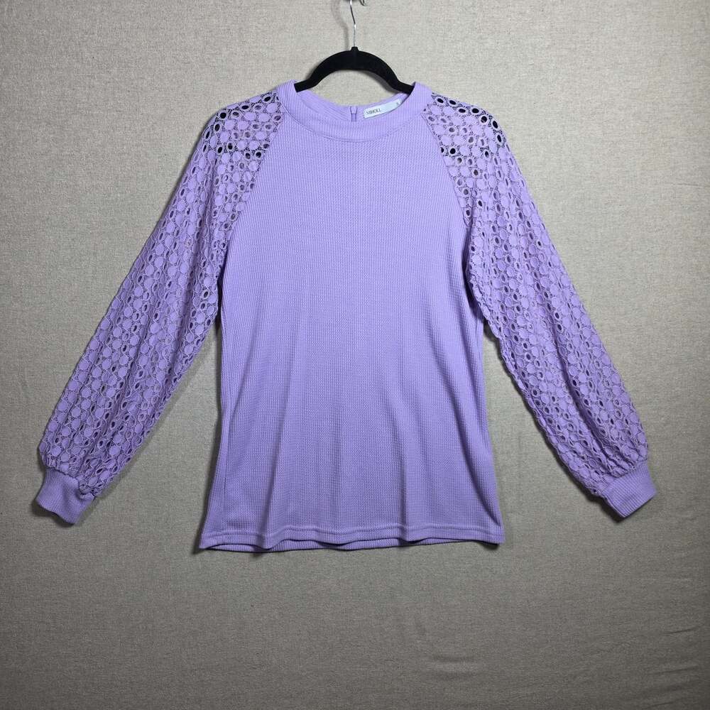 Miholl Womens Size Small Waffle Knit Top Sheer Lace Bishop Sleeves Purple
